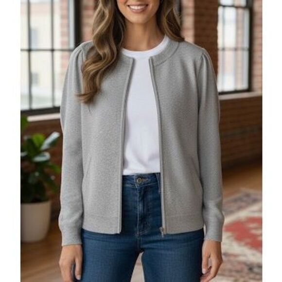 Charter Club Cashmere Full Zip Cardigan size S Zip Up Puff Sleeve Gray - Picture 1 of 10
